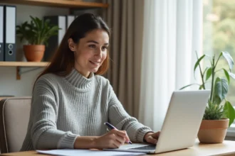 Femme consultant son espace bénéficiaire LogisFil sur un ordinateur portable dans un bureau à domicile organisé