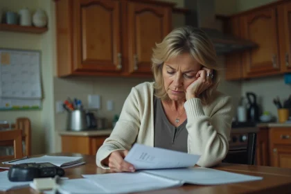 Femme fatiguée lisant des papiers dans sa cuisine
