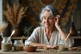 Femme mature appliquant une pâte naturelle sur le cuir chevelu