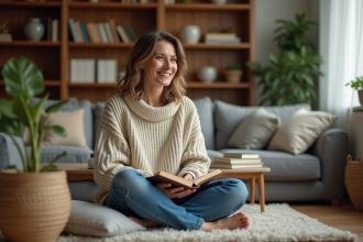 Femme d'âge moyen journalisant dans un salon chaleureux