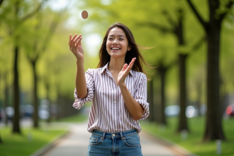 Femme souriante lançant une pièce dans un parc urbain au printemps