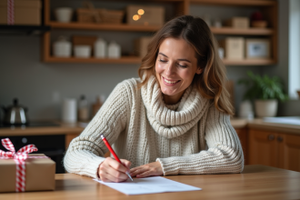 Femme souriante préparant un cadeau de Noël dans la cuisine chaleureuse