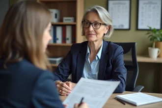 Femme de 50 ans en réunion avec conseiller financier