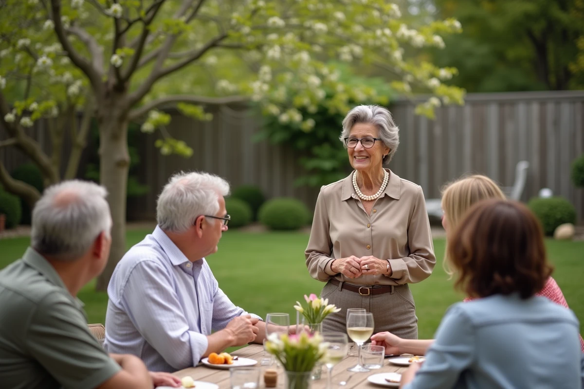 Femme partageant un discours dans un jardin familial
