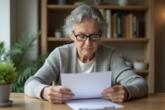 Une femme retraitée vérifie des documents administratifs pour une demande de réversion Agirc Arrco à son domicile