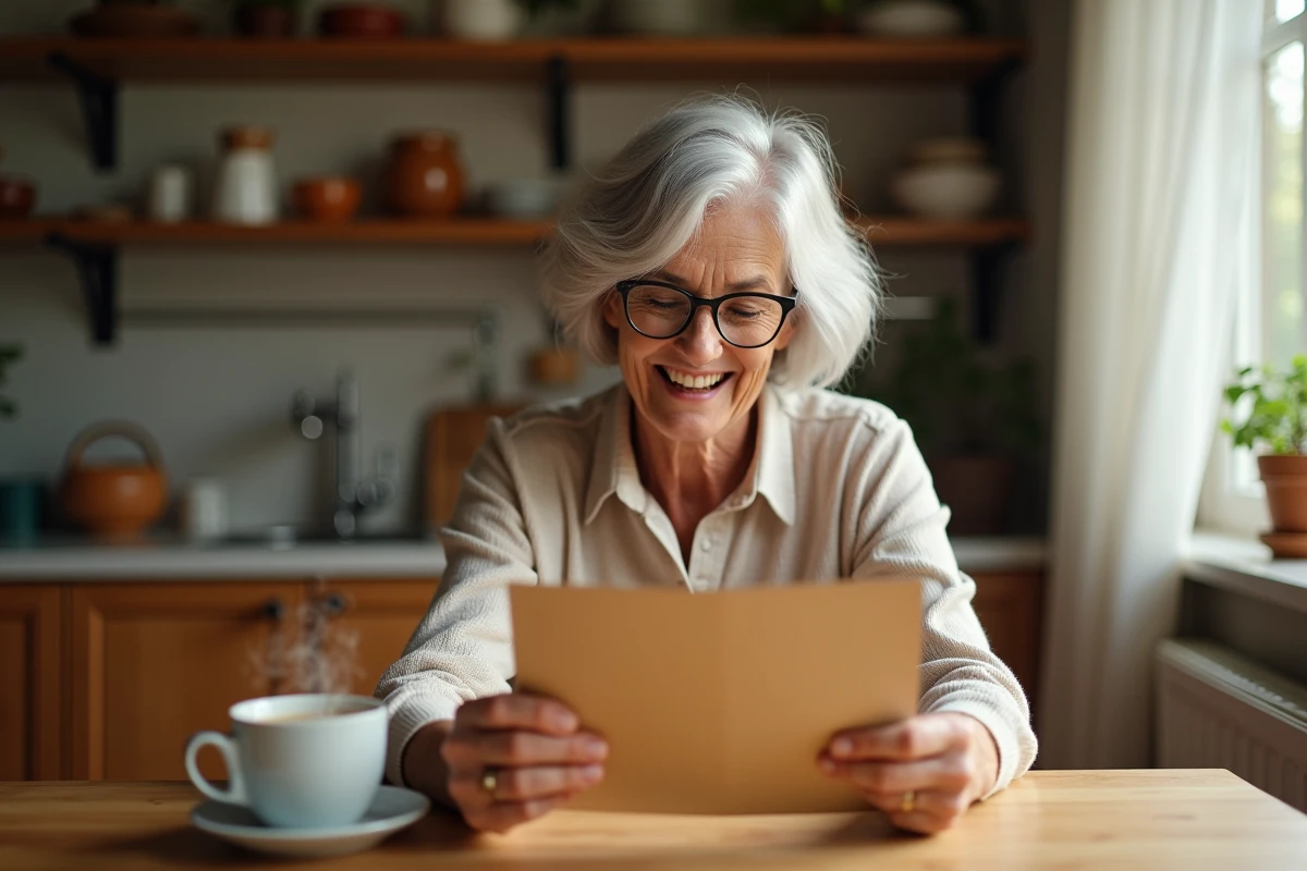Femme à la retraite lisant un message humoristique de départ dans une cuisine chaleureuse avec un café