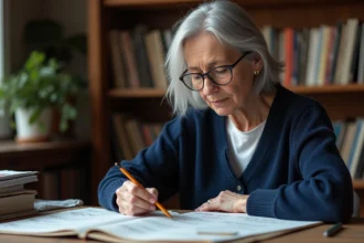 Femme retraitée relisant des paroles de chanson manuscrites à son bureau entouré de partitions musicales