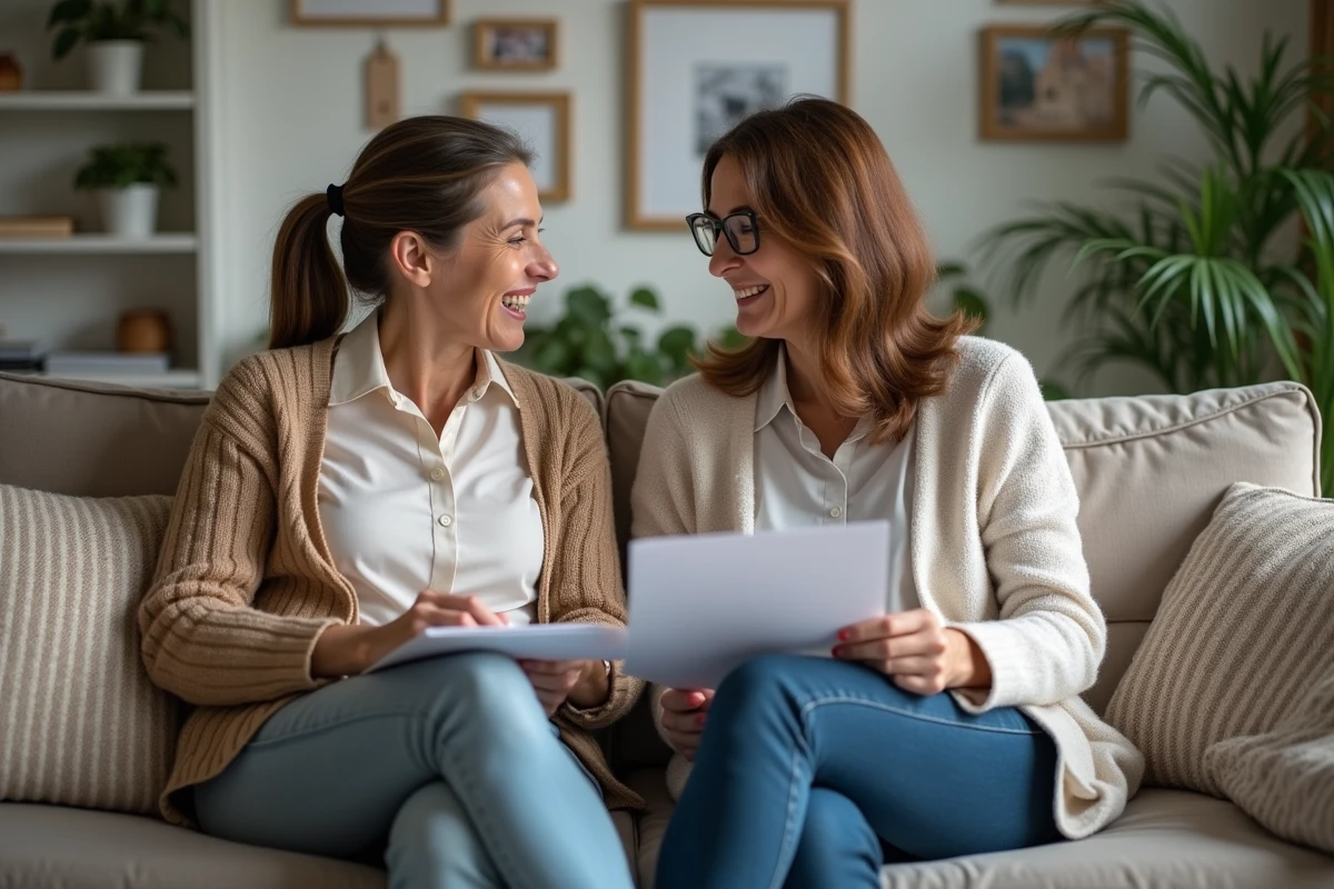 Femme et fille discutant de finances dans un salon chaleureux