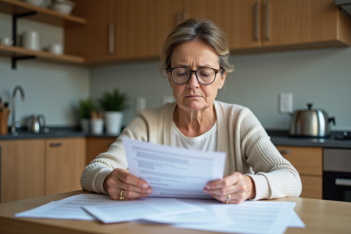 Femme d'âge moyen lisant des documents de santé à la maison