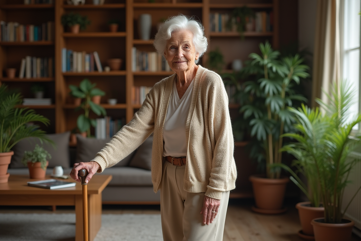 Femme senior posant avec une canne en bois dans un salon chaleureux