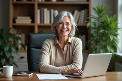 Femme senior souriante dans un bureau maison organisé