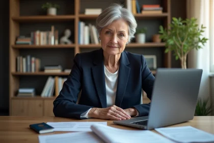 Femme senior concentrée devant son ordinateur dans un bureau moderne