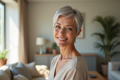 Femme senior élégante souriante dans un salon lumineux