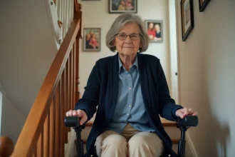 Femme âgée assise sur un escalier portable à la maison