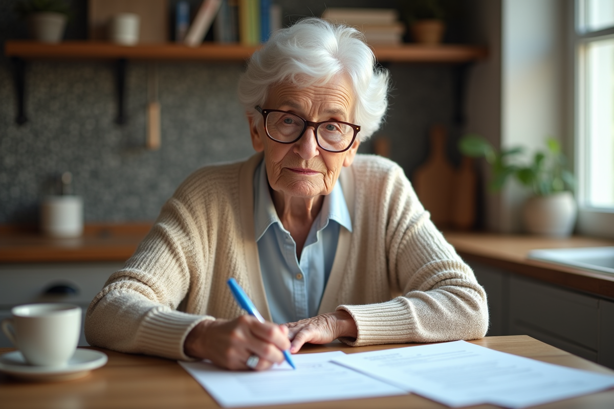 Femme senior remplissant des formulaires à la maison