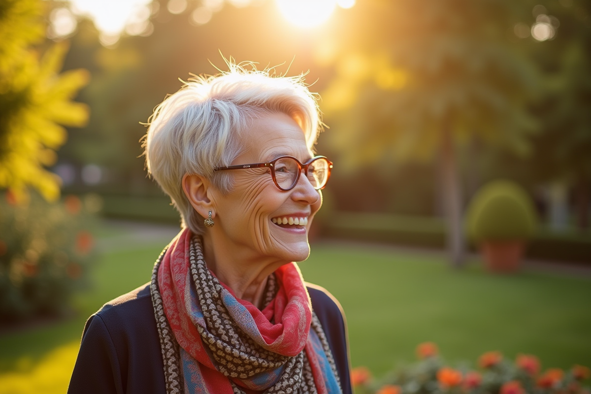Femme senior joyeuse dans un jardin ensoleille