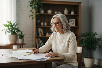 Femme senior lisant des documents dans un salon chaleureux