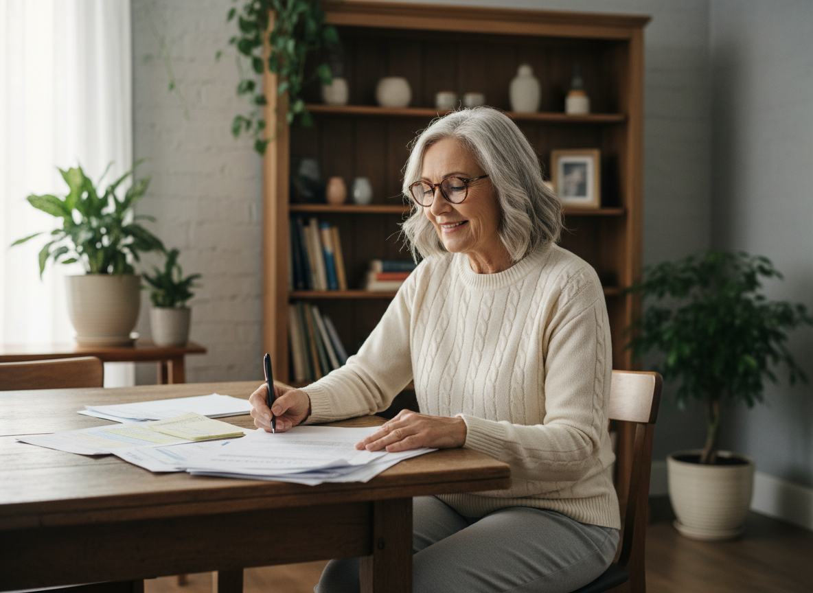 Femme senior lisant des documents dans un salon chaleureux