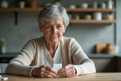 Femme senior examinant une boîte de médicaments à la cuisine
