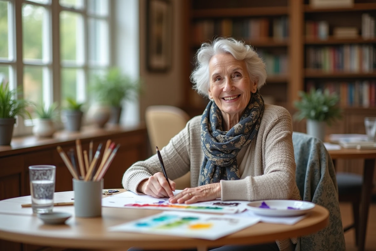 Femme senior souriante peignant lors d