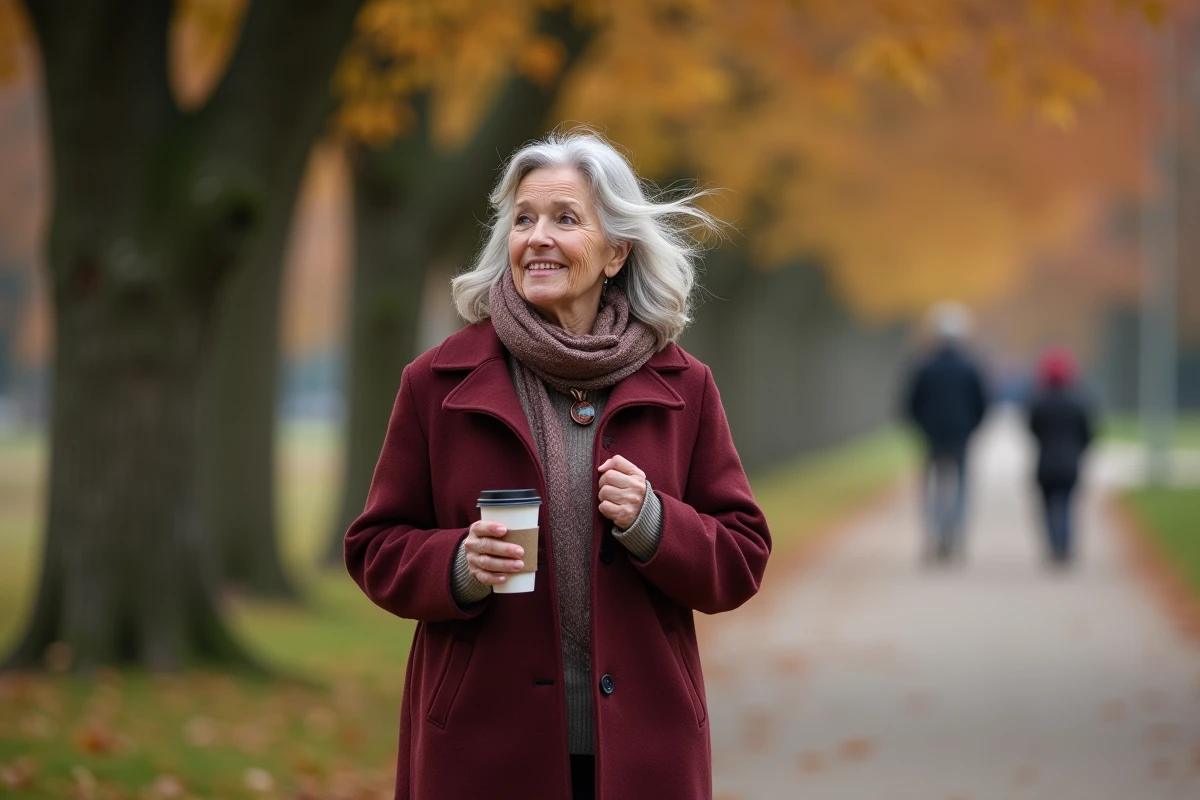 Femme senior d'environ 65 à 70 ans marchant seule dans un parc en automne, look élégant et expression sereine