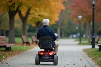 Femme âgée utilisant un scooter électrique PMR rouge sur un chemin accessible dans un parc urbain en automne