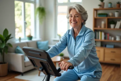 Femme senior souriante sur vélo d'appartement moderne
