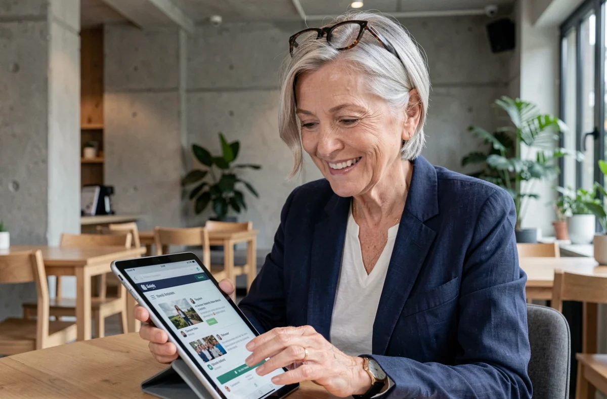 Femme senior utilisant une application de lien social sur tablette dans un espace moderne parisien