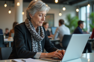 Femme senior concentrée travaillant sur son ordinateur dans un bureau moderne