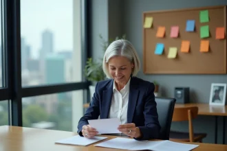 Femme d'âge moyen lisant une carte dans un bureau moderne