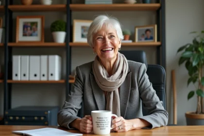 Femme souriante en retraite dans un bureau chaleureux