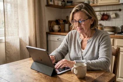 Une aide à domicile senior utilise une tablette pour gérer son planning via Philia ADMR dans une cuisine française chaleureuse