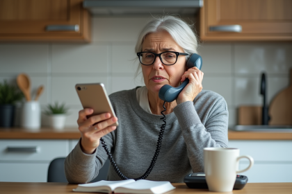 Femme frustrée avec téléphone fixe et mobile à la maison