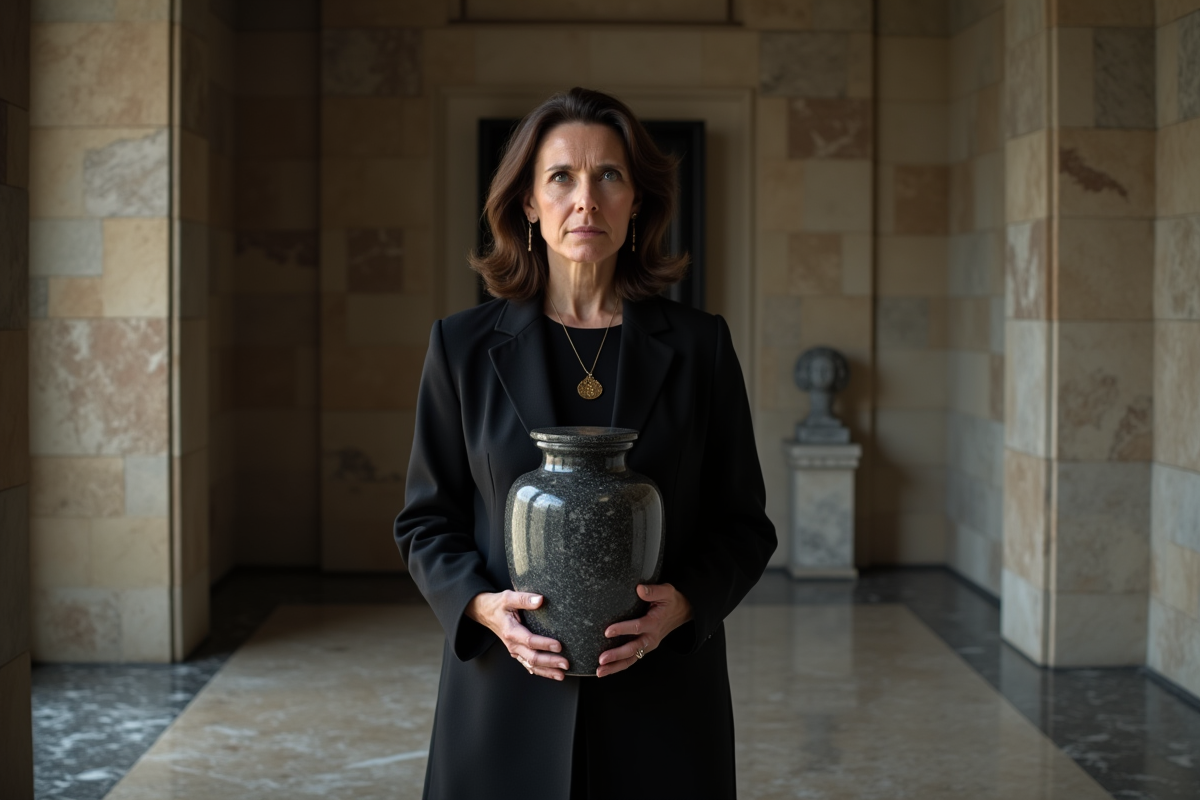 Femme tenant une urne en marbre dans un mausolée