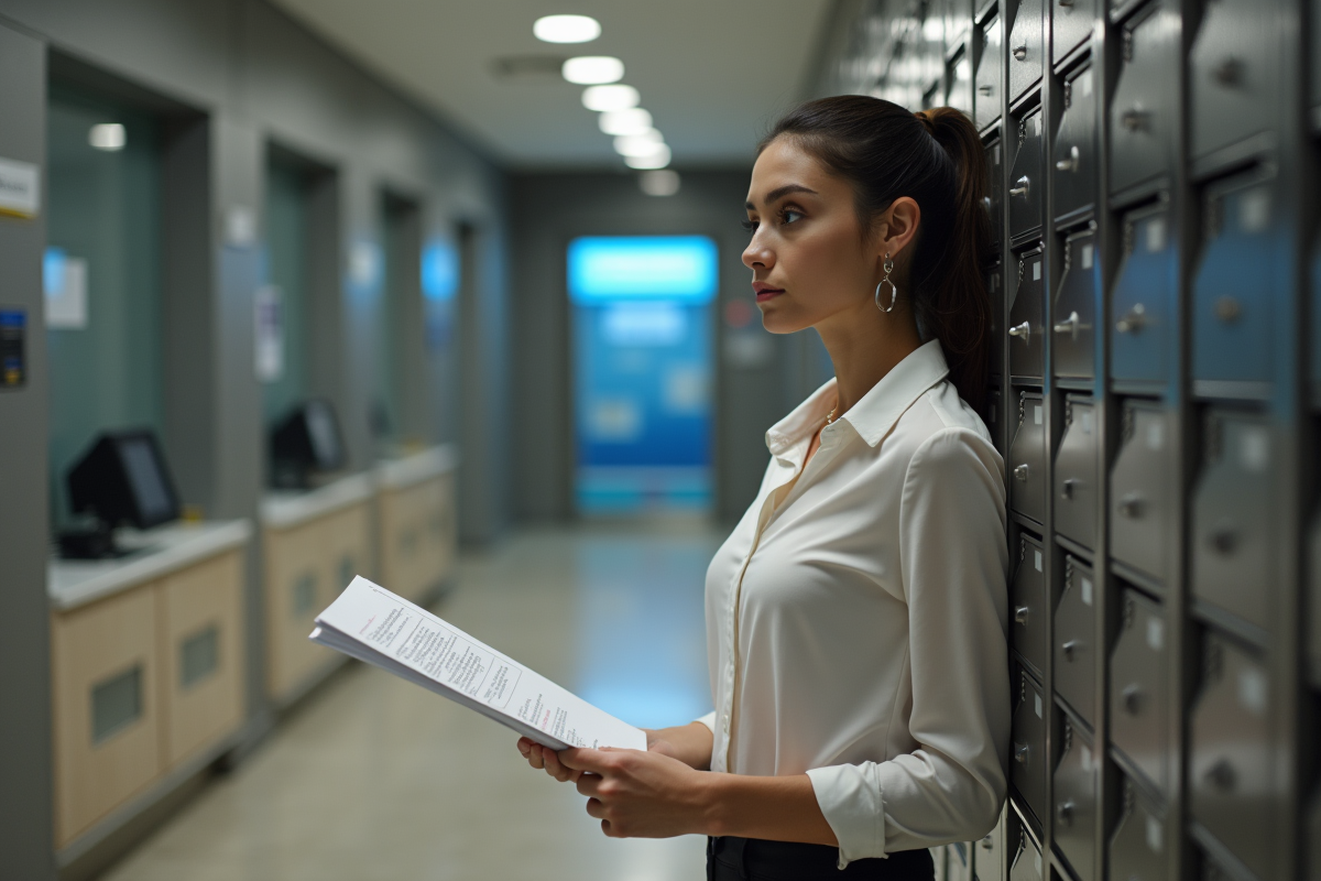 Jeune femme pensant près d’un coffre-fort dans une banque moderne