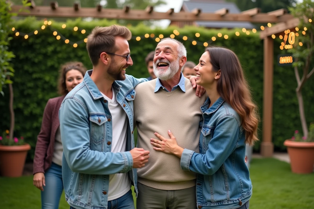 Septuagénaire célébrant ses 70 ans dans un jardin familial entouré de ses enfants adultes avec décoration extérieure