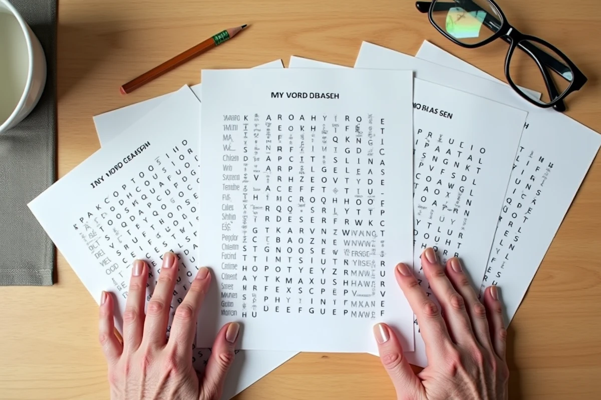 Gros plan sur des fiches de mots mêlés imprimées pour personnes âgées avec les mains d'une résidente d'Ehpad et un crayon