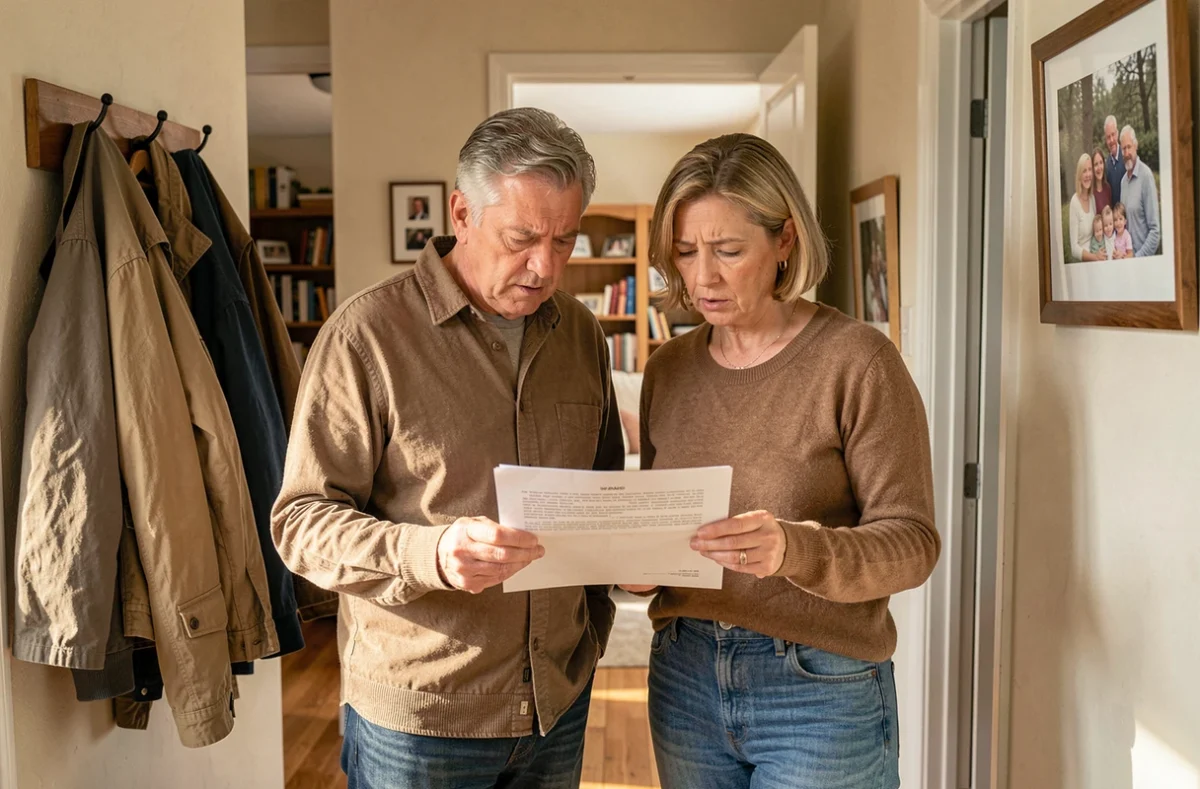 Frère et sœur examinant un document sur l'aide sociale récupérable sur succession dans un couloir familial