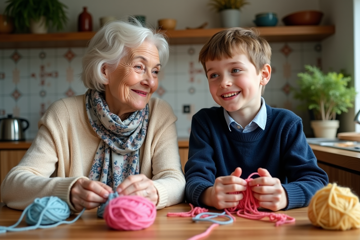 Une grand-mère et un enfant tricotent ensemble dans la cuisine