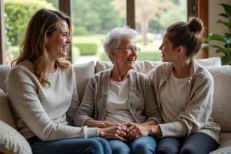 Souriante grand-mere avec sa famille dans un salon chaleureux