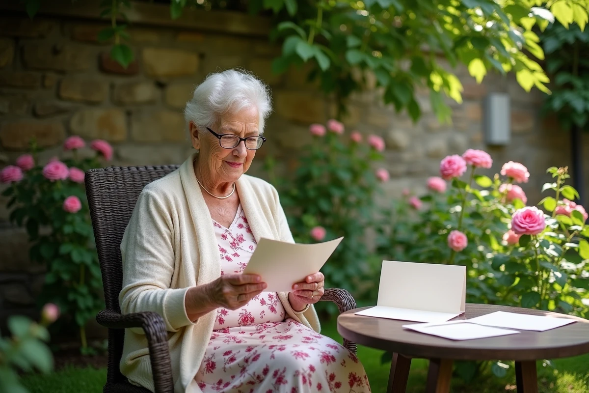Grand-mère de 70 ans lisant des lettres d'anniversaire manuscrites dans un jardin fleuri en été