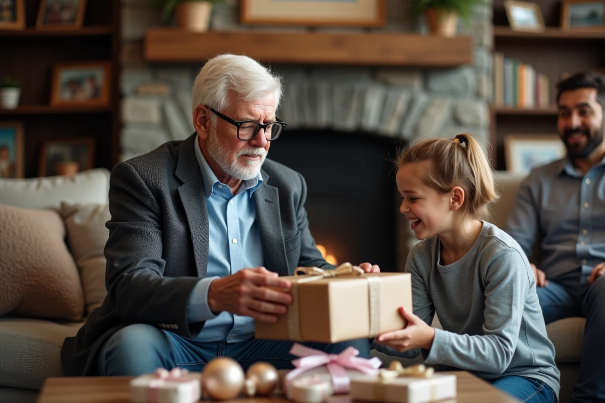 Grand-père de 70 ans ouvrant ses cadeaux d'anniversaire entouré de sa famille dans un salon chaleureux avec cheminée