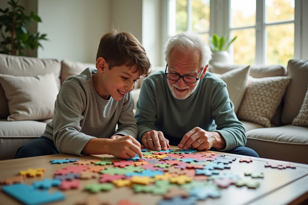 Grand-père et adolescent travaillant sur un puzzle coloré