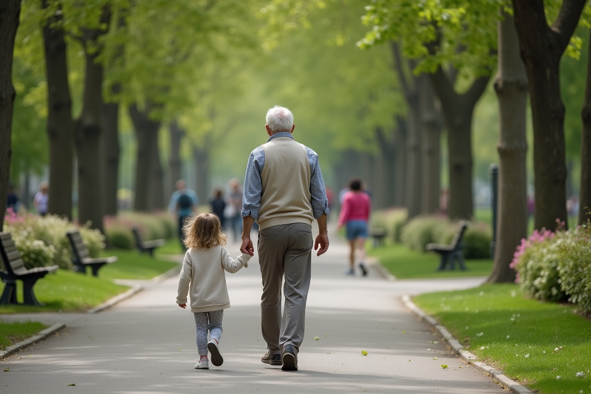 Grand-père et petite fille dans un parc verdoyant