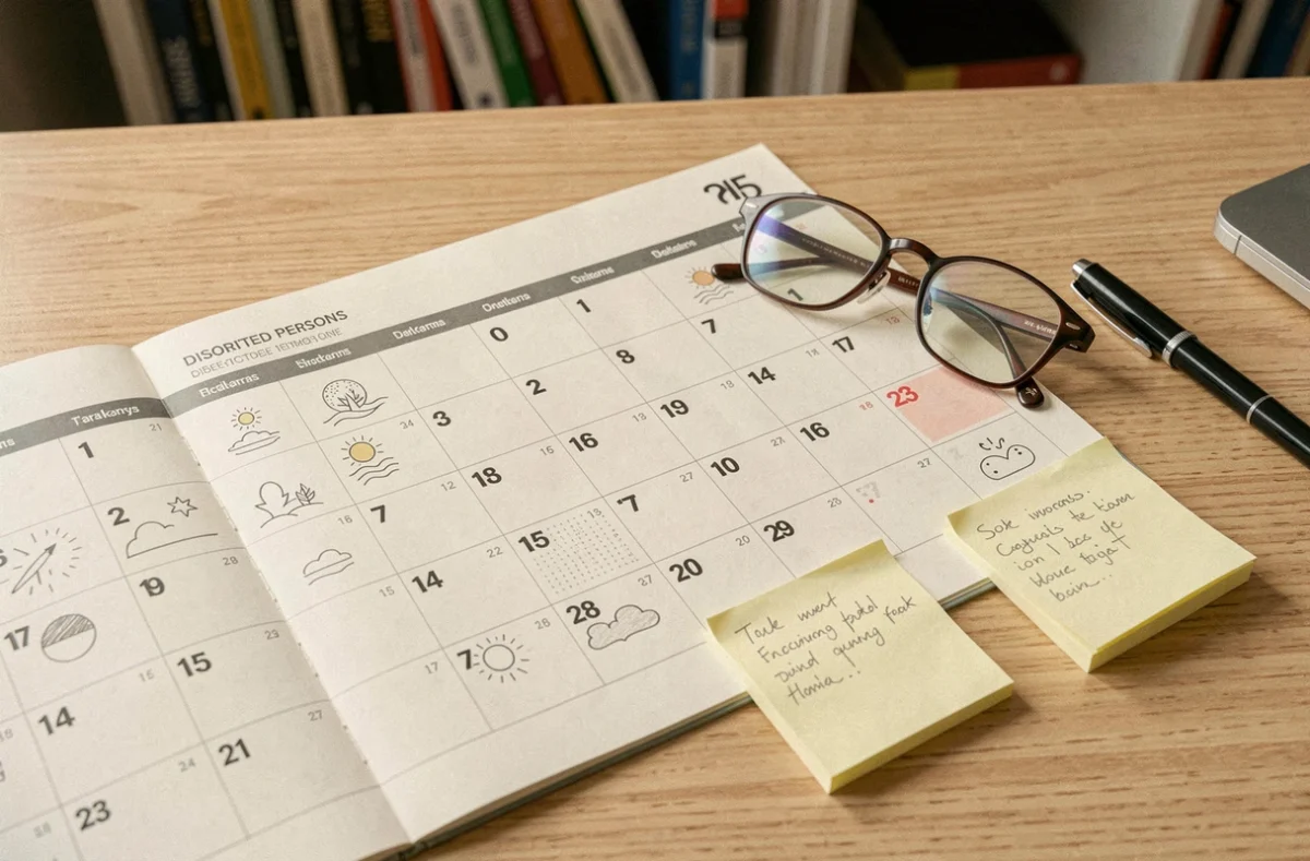 Gros plan d'un calendrier adapté aux personnes désorientées avec notes manuscrites et pictogrammes