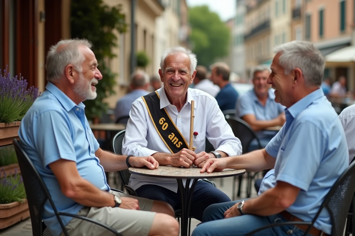 Groupe d'amis célébrant les 60 ans d'un homme avec humour et cadeaux farceurs en terrasse de café