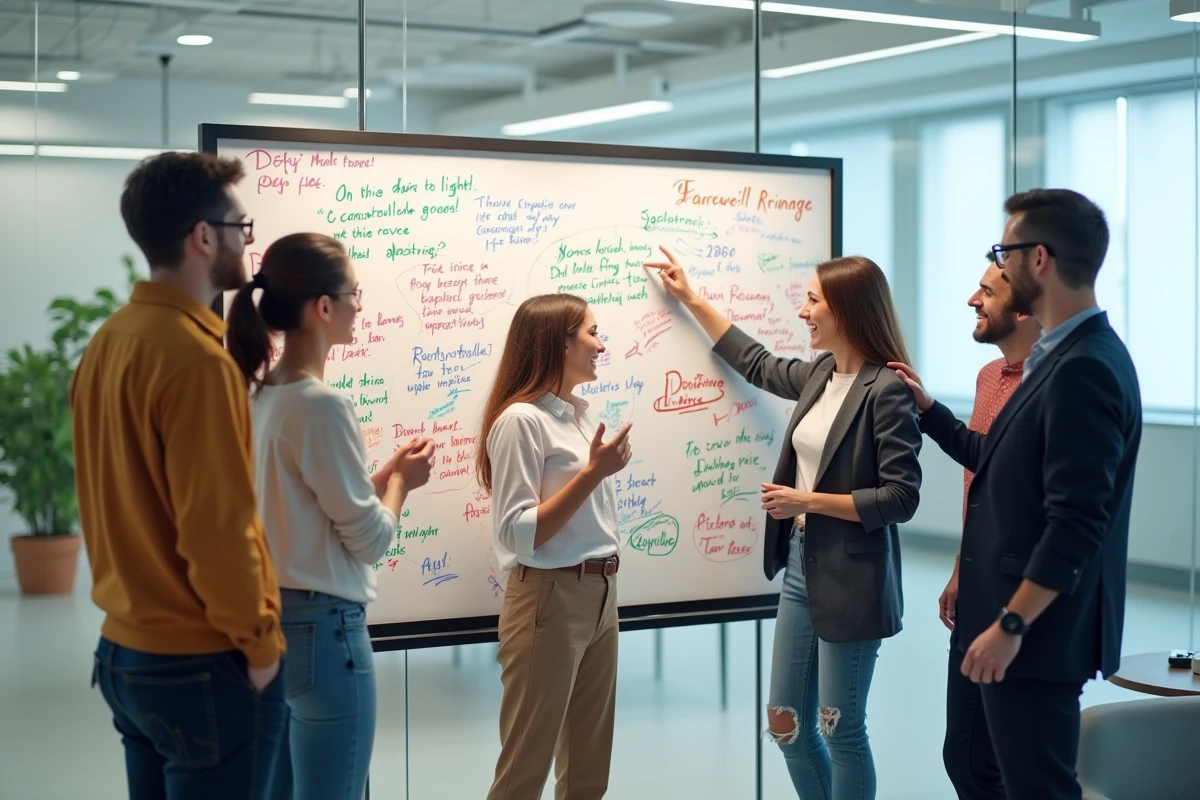 Groupe de collègues réunis devant un tableau blanc rempli de messages d'adieu pour un départ à la retraite