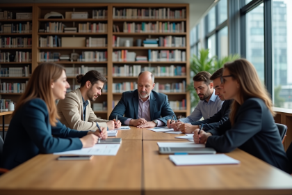 Groupe de personnes en réunion dans une bibliothèque moderne