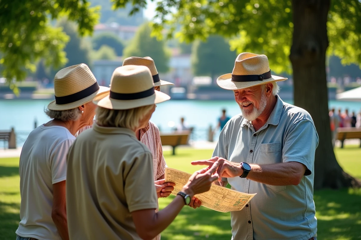 Groupe de retraités discutant dans un parc