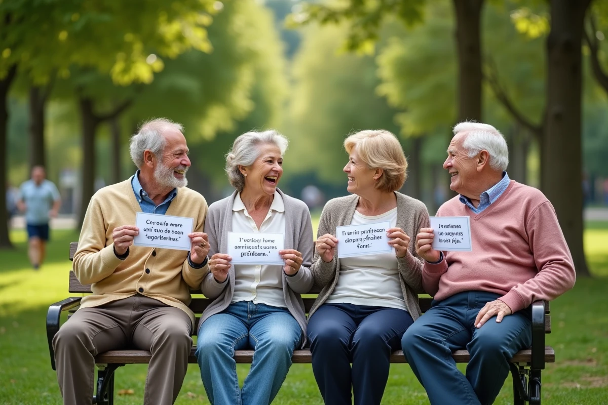 Groupe de retraités souriants dans un parc en plein air